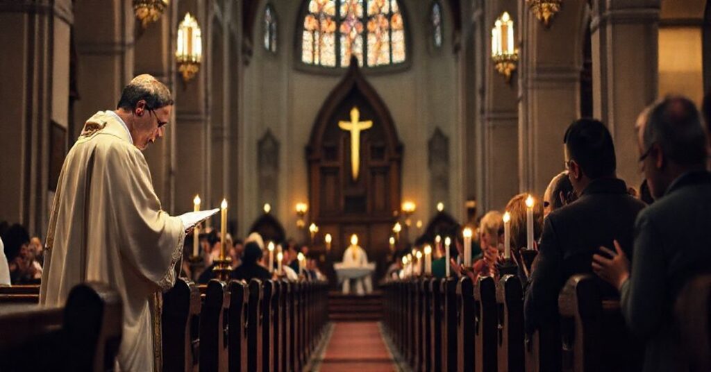 Tradycyjny katolicki wnętrze z kapłanem odprawiającym tradycyjną mszę św. w otoczeniu wierzących