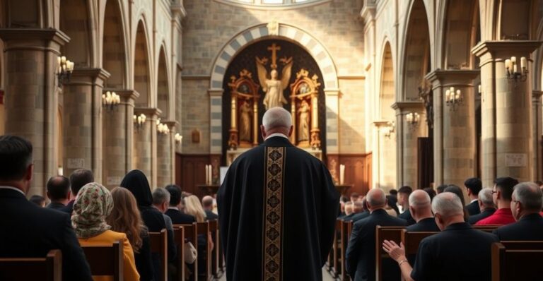 Fotografia realistycznego kapłana katolickiego odprawiającego tradycyjną Mszę w starej świątyni, ukazująca czciwy, oddany obraz prawdziwej wiary katolickiej.