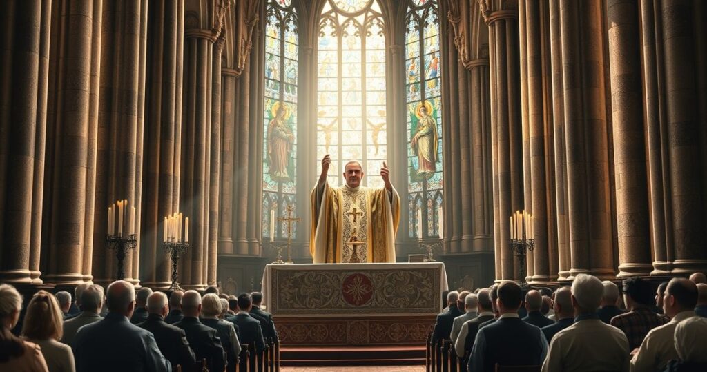 Zdjęcie realistycznej, pełnej szacunku sceny Mszy Świętej w tradycyjnym katolickim kościele z kapłanem celebrującym Eucharystię i wiernymi w modlitwie