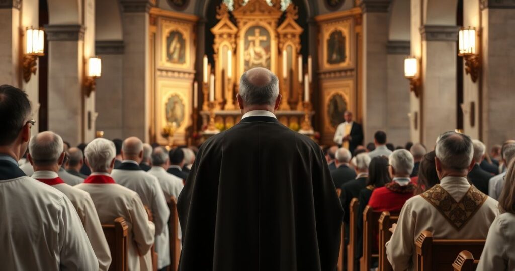 Tradycyjna katolicka msza w kościele, z kapłanem w stroju liturgicznym i wiernymi, oddająca szacunek i wierność nauce Kościoła.