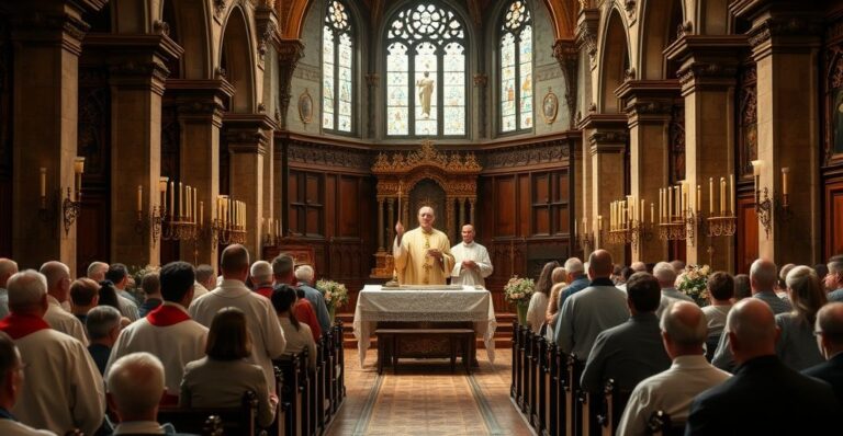 Fotografia realistyczna ukazująca tradycyjną Mszę Świętą w katolickim stylu, z wiernymi i kapłanami w liturgicznej szacie, oddającą głęboki szacunek dla katolickiej tradycji i kontrowersje wobec modernistycznych odchyleń