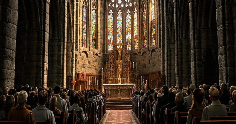 Sanktuarium katolickie z duchownymi i wiernymi podczas tradycyjnej mszy, odzwierciedlające wierną i poważną atmosferę liturgii w obronie katolickiej wiary.