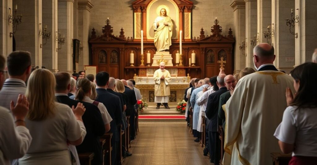 Tradycyjna msza katolicka przed Soborem w kościele z tradycyjnymi szatami i rytuałami.