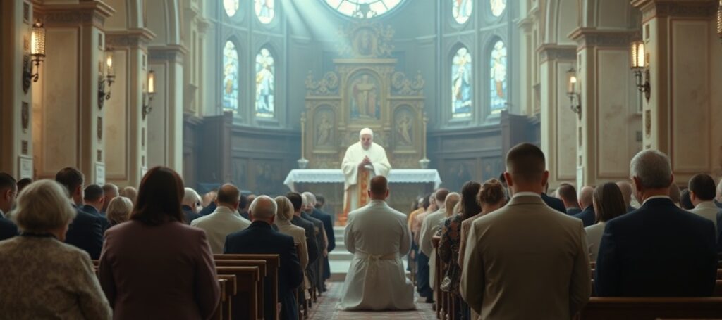 Tradycyjna katolicka liturgia w kościele z pielgrzymami modlącymi się przed ołtarzem