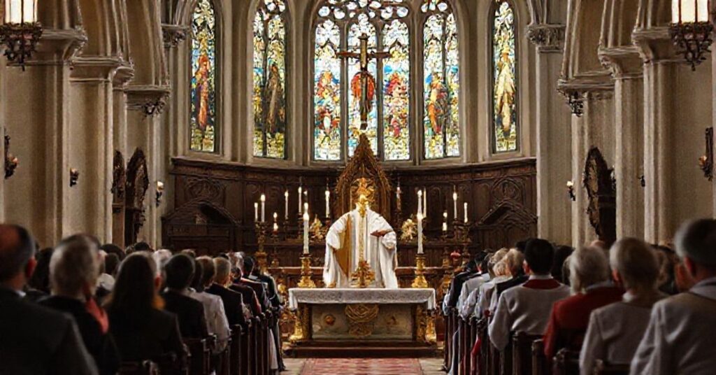 Tradycyjna msza katolicka w historycznym kościele z uroczyście ubranym kapłanem i wiernymi w modlitwie.