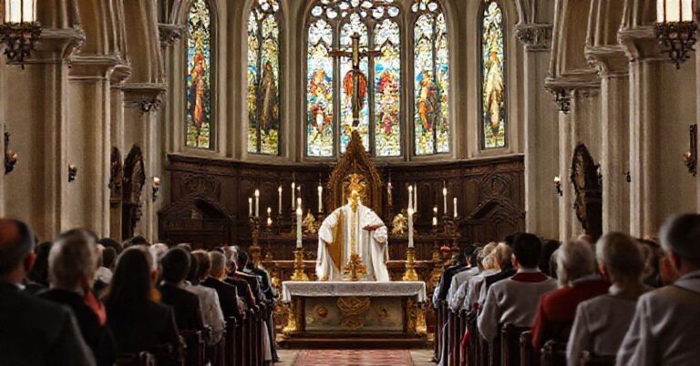 Tradycyjna msza katolicka w historycznym kościele z uroczyście ubranym kapłanem i wiernymi w modlitwie.