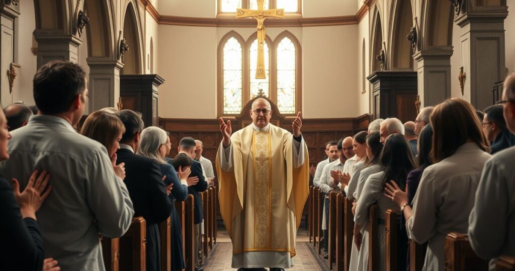 Tradycyjna msza święta w kościele katolickim z modlącymi się wiernymi i kapłanem w stroju liturgicznym sprzed Soboru Watykańskiego II