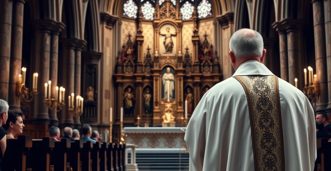 Fotografia realistyczna katolickiego kapłana w tradycyjnej mszy trydenckiej w pełnym skupieniu, w sanktuarium z eleganckim ołtarzem i liturgicznymi elementami, oddająca ducha wiernej katolickiej tradycji.