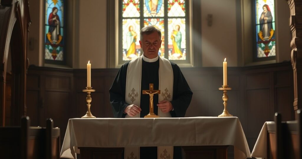 Realistyczny obraz katolickiego kapłana odprawiającego Mszę świętą w skromnym kościele, ukazujący głębię religijnej pobożności i tradycyjnej liturgii.