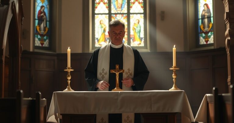 Realistyczny obraz katolickiego kapłana odprawiającego Mszę świętą w skromnym kościele, ukazujący głębię religijnej pobożności i tradycyjnej liturgii.