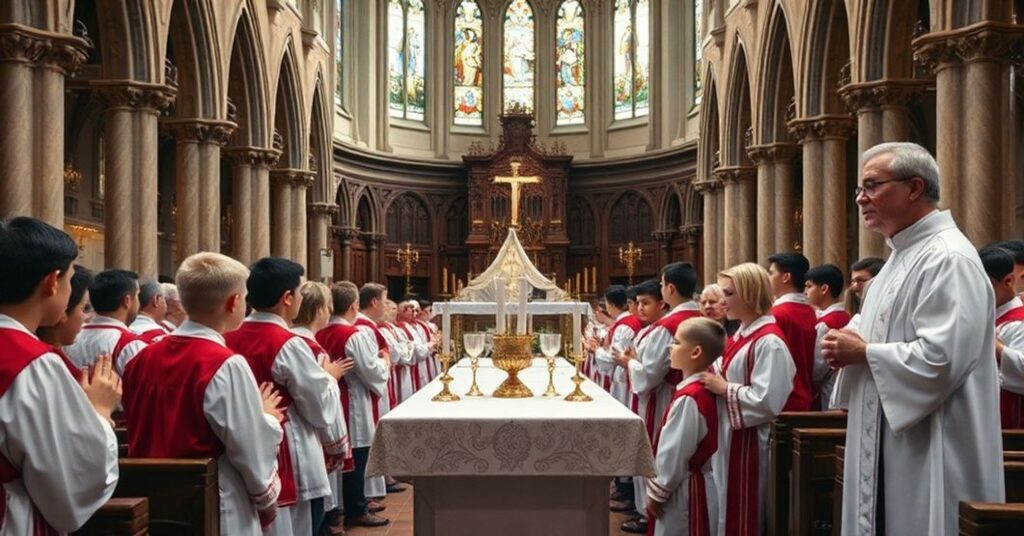 Tradycyjna msza katolicka z chłopcami-służakami w tradycyjnych szatach liturgicznych podczas nabożeństwa w kościele