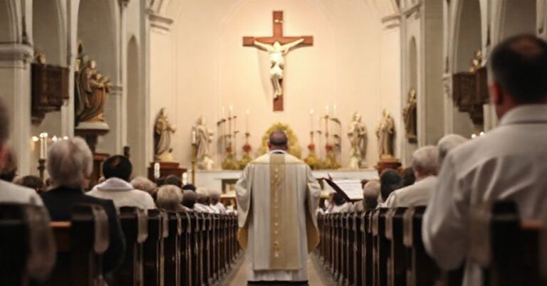 Tradycyjna katolicka msza w tradycyjnym kościele z kapłanem w białej sutannie i stole, celebrującym sakrament w łacinie.