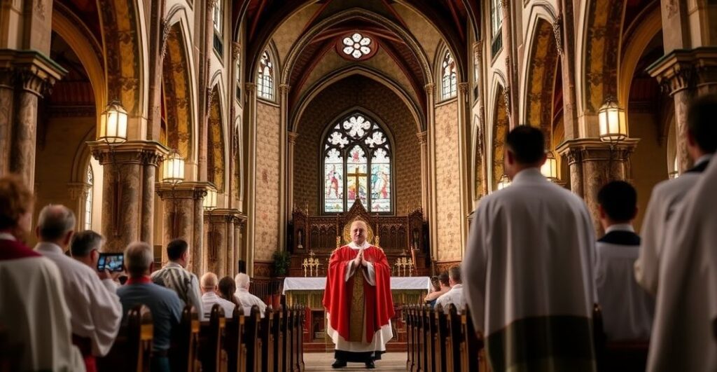 Sakramentalna msza w tradycyjnej katolickiej świątyni z kapłanem w liturgicznych szatach, oddająca duchową powagę i autentyczną wiarę, ukazująca głębię katolickiego kultu