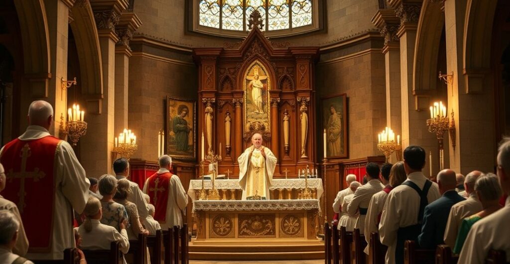 Czułe, pełne szacunku zdjęcie tradycyjnej Mszy świętej z kapłanami w liturgicznych szatach, ukazujące głęboki szacunek dla sakramentów, w realistycznym, podniosłym stylu, podkreślającym sacrum i duchową powagę momentu.