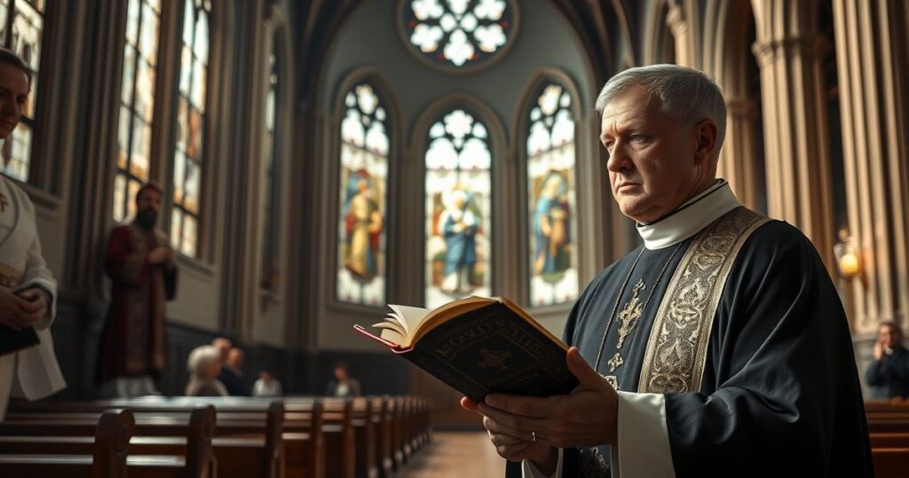 Tradycyjna katolicka msza trydencka w kościele z realistycznym oświetleniem i kapłanem w starym stroju liturgicznym