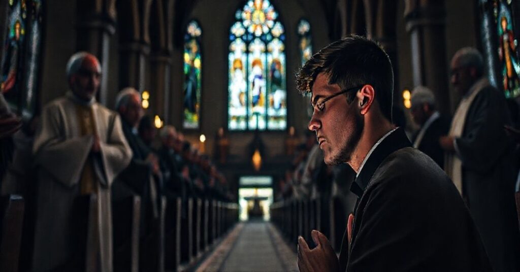 Tradycyjna katolicka msza w kościele, młody człowiek modli się, starzy kapłani w sutannach celebrują Ryt Rzymski. Kościół jest ciemno oświetlony, witraże przedstawiają święte. Kontrastuje z nowoczesnym, świeckim światem widocznym przez okna.