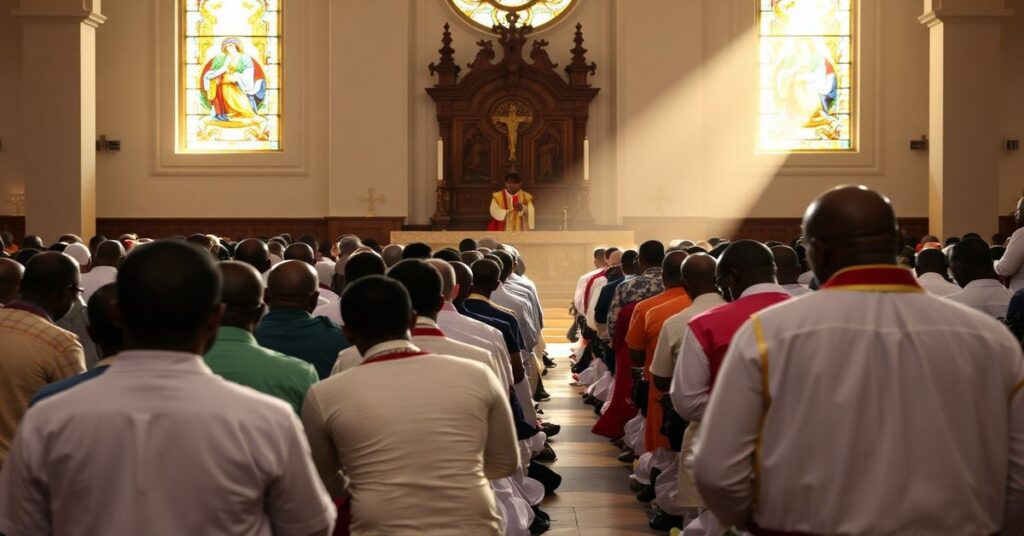 Tradycyjna katolicka msza w Angoli z wielką grupą wiernych modlącej się
