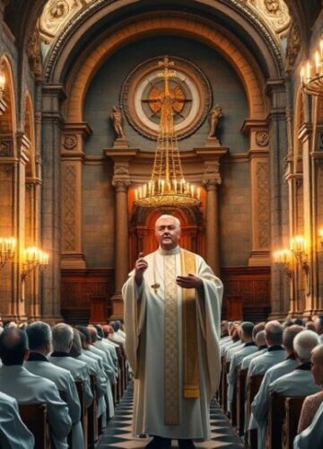 Tradycyjna Msza w katolickiej bazyliki w kontekście kryzysu posoborowego Religijna scena Mszy świętej w tradycyjnej katolickiej bazyliki z kapłanem w białej szacie, wiernymi i atmosferą powagi