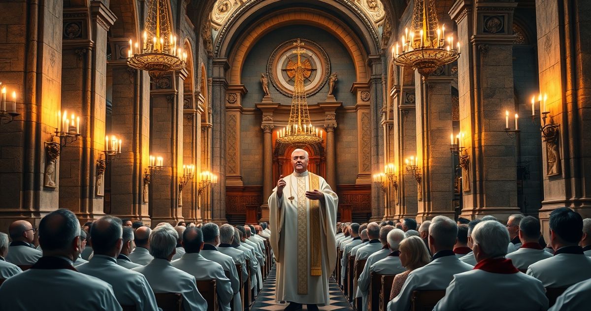 Tradycyjna Msza w katolickiej bazyliki w kontekście kryzysu posoborowego Religijna scena Mszy świętej w tradycyjnej katolickiej bazyliki z kapłanem w białej szacie, wiernymi i atmosferą powagi