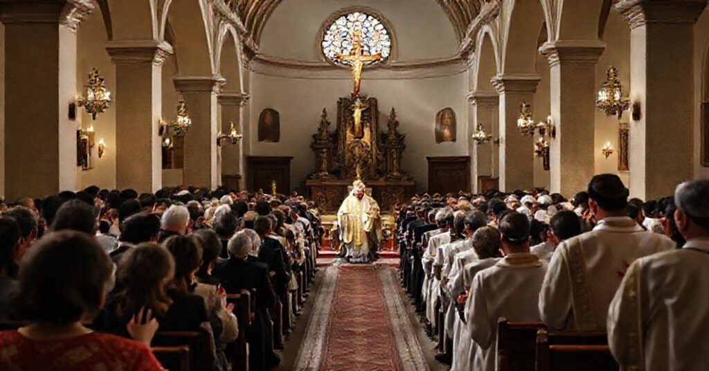 Tradycyjna msza katolicka w chilijskim kościele z wiernymi modlącymi się i kapłanem w pełnych szatach liturgicznych