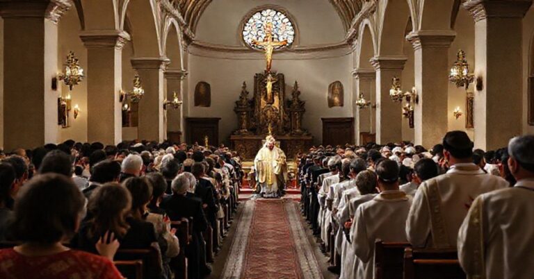 Tradycyjna msza katolicka w chilijskim kościele z wiernymi modlącymi się i kapłanem w pełnych szatach liturgicznych
