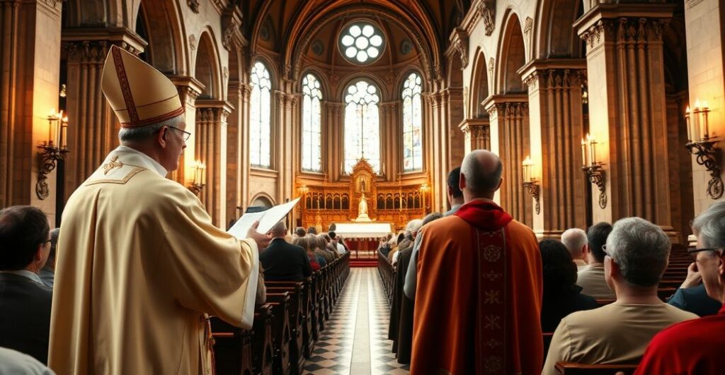Zdjęcie katolickiego kapłana odprawiającego tradycyjną Mszę w historycznym kościele, ukazujące szacunek i wiarę zgodną z nauką Kościoła