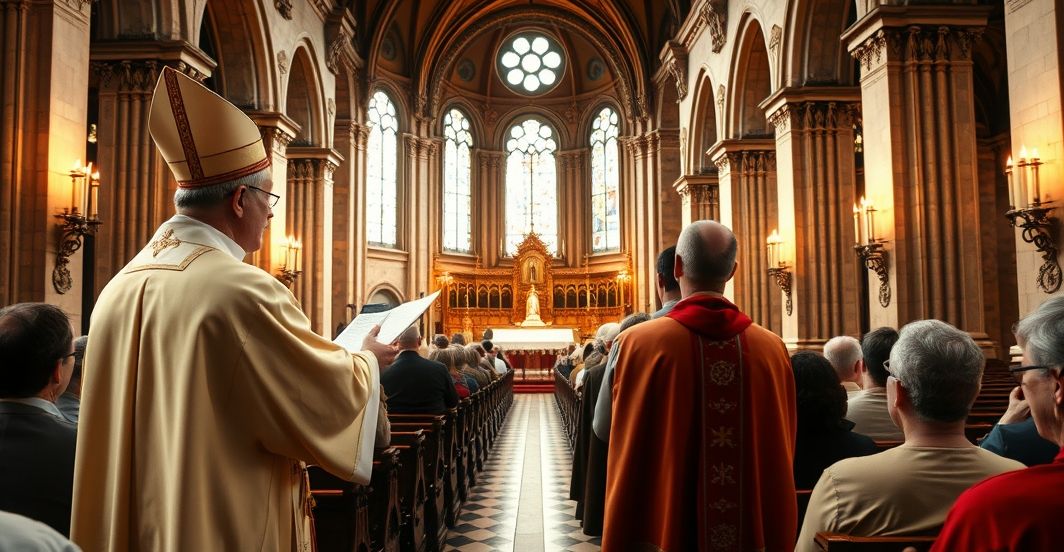 Zdjęcie katolickiego kapłana odprawiającego tradycyjną Mszę w historycznym kościele, ukazujące szacunek i wiarę zgodną z nauką Kościoła