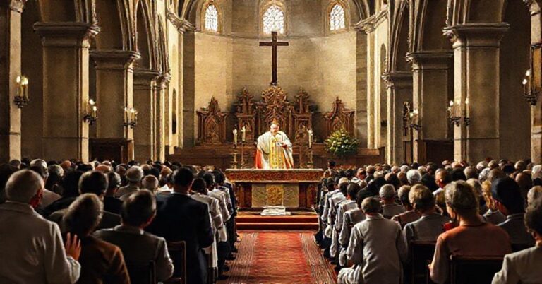 Tradycyjna msza katolicka w historycznym kościele z kapłanem w tradycyjnych ornatach i modlącymi się wiernymi.