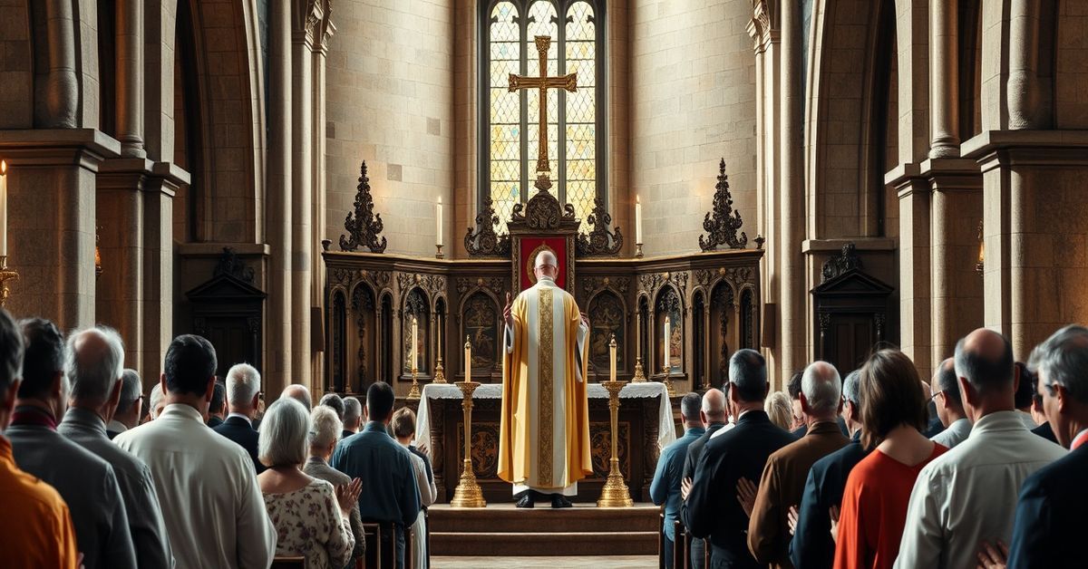 Tradycyjna msza katolicka w historycznym kościele z kapłanem w tradycyjnych ornatach i modlącymi się wiernymi.