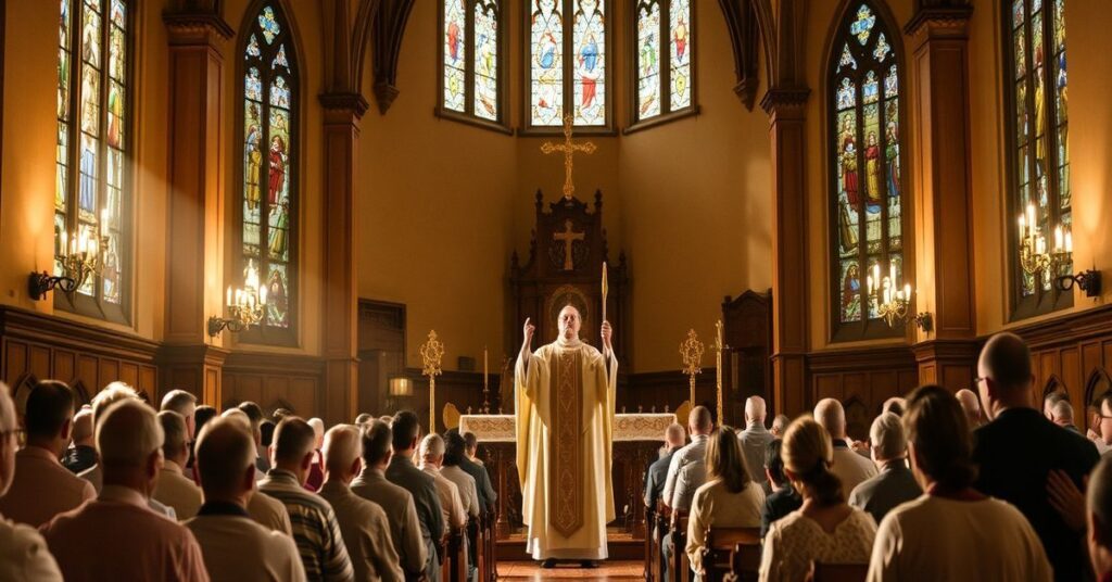 Tradycyjna msza katolicka w pięknej staropolskiej katedrze - uroczyście sprawowana liturgia według przedkonsyliejnych tradycji.