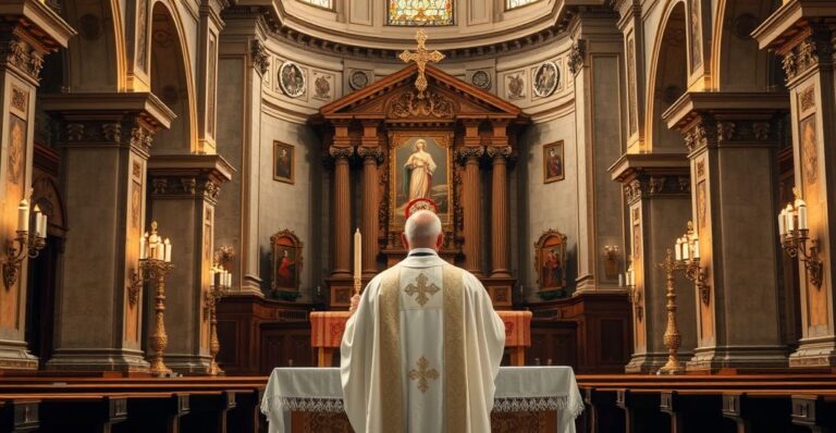 Kapłan celebrujący tradycyjną Mszę w pięknym, klasycznym kościele, ukazujący wierność tradycji katolickiej i powagę liturgii