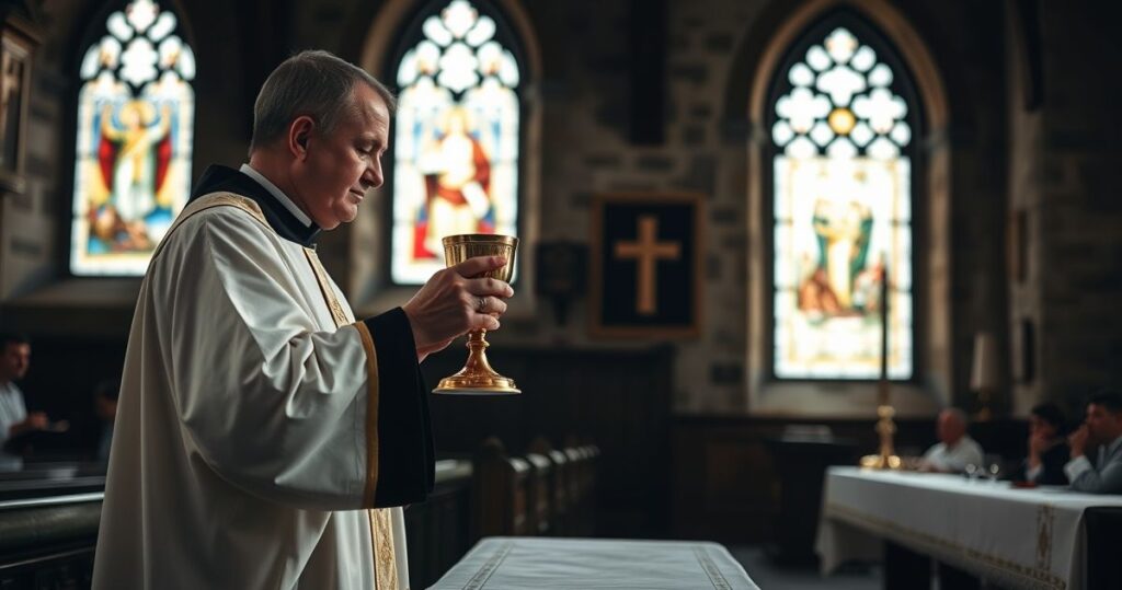 Tradycyjna katolicka msza trydencka w kamiennym kościele, kapłan w szatach liturgicznych trzyma kielich na ołtarzu, światło przez witraże, symbol duchowości ponad sprawami doczesnymi