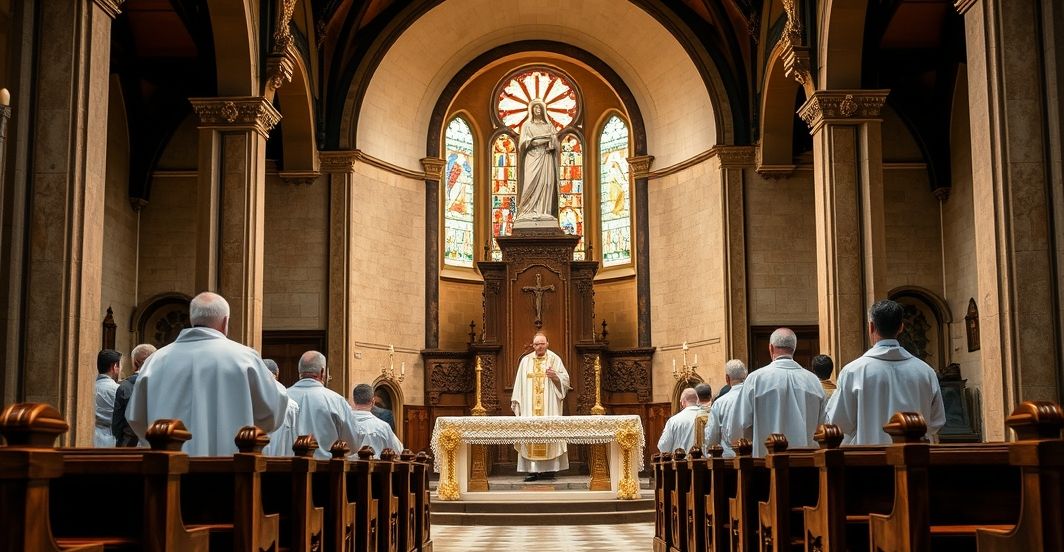 Sanktuarium katolickie z kapłanami odprawiającymi tradycyjną Mszę świętą w duchu katolickiej liturgii, podkreślające powagę i wierność nauczaniu Kościoła.