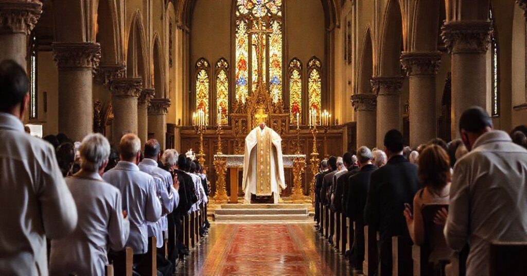 Tradycyjna msza katolicka w starokatolickim kościele z tradycyjnym ubiorem liturgicznym, z modlącymi się wiernymi, podkreślającą sakralność i tradycyjną formę kultu