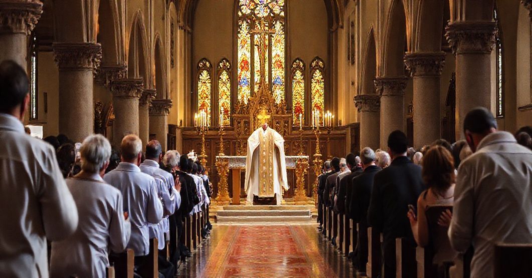 Tradycyjna msza katolicka w starokatolickim kościele z tradycyjnym ubiorem liturgicznym, z modlącymi się wiernymi, podkreślającą sakralność i tradycyjną formę kultu