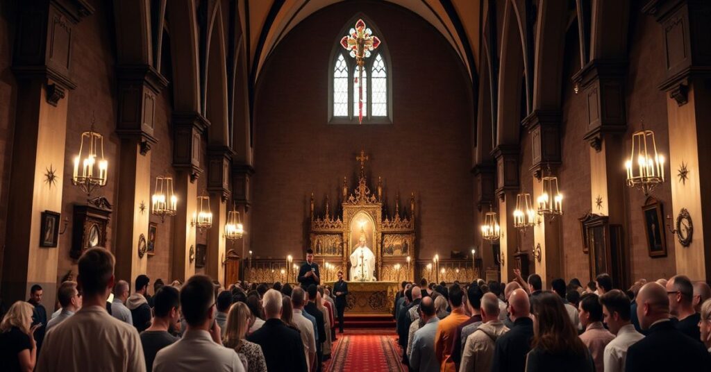 Grupa wiernych uczestniczących w tradycyjnej mszy katolickiej w Wroclawiu