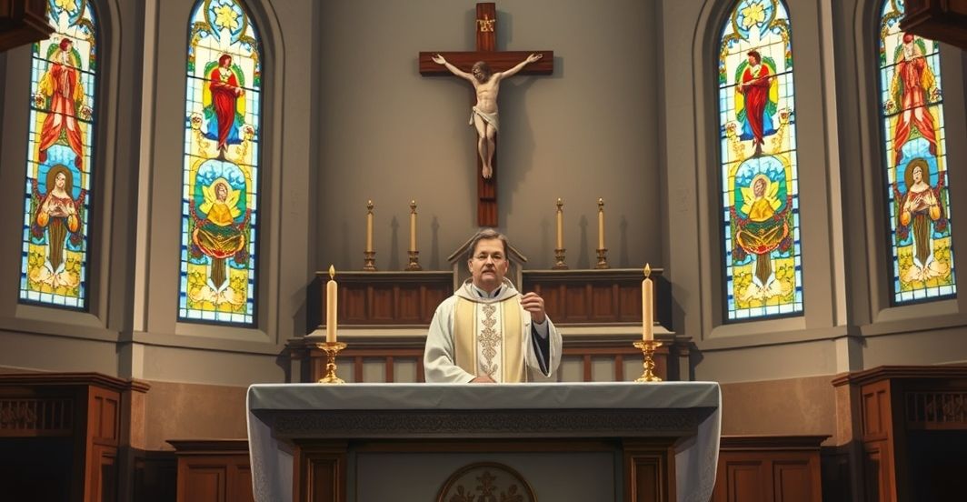 Rewersyjna scena liturgii katolickiej z kapłanem podczas Mszy świętej w tradycyjnym kościele, pełna szacunku i duchowej powagi