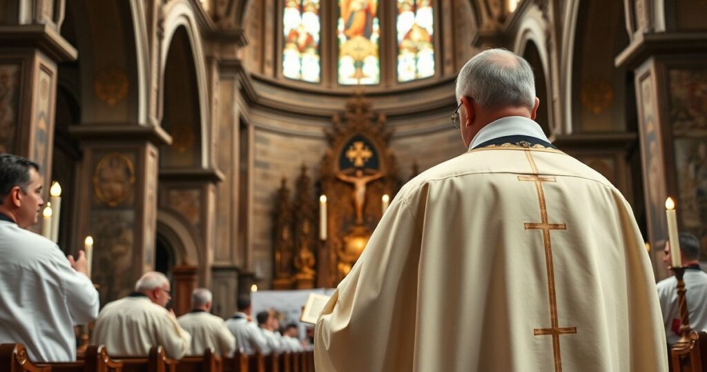 Obraz katolickiego kapłana w tradycyjnych szatach odprawiającego Msze trydencką w historycznym kościele, symbolizujący odnowę i wierność prawdziwej wierze katolickiej