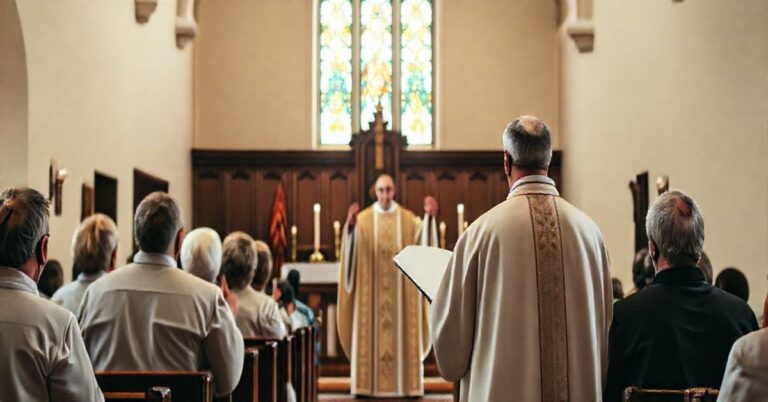 Fotografia realistyczna kapłana podczas Mszy świętej w tradycyjnej katolickiej świątyni, ukazująca powagę i wierność liturgii bez nowoczesnych elementów