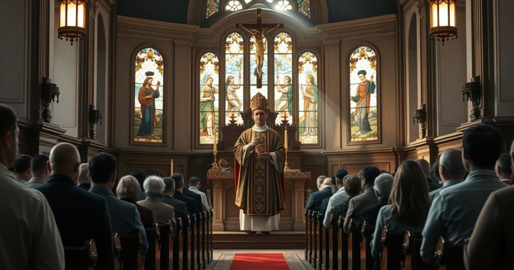 Tradycyjna msza katolicka w kościele, kapłan w szatach liturgicznych, wierni w modlitwie, symbolizująca nadzieję i pokój w obliczu wojny