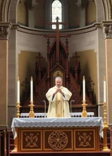 Tradycyjna Msza katolicka w zabytkowym kościele – wierne przedstawienie liturgii Fotografia realistyczna ukazująca tradycyjnego księdza w liturgicznych szatach podczas sakralnej Mszy w zabytkowym kościele, pełna powagi i duchowej głębi