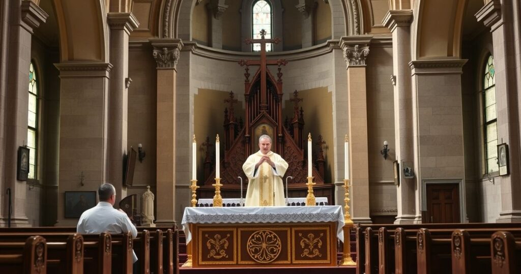 Fotografia realistyczna ukazująca tradycyjnego księdza w liturgicznych szatach podczas sakralnej Mszy w zabytkowym kościele, pełna powagi i duchowej głębi