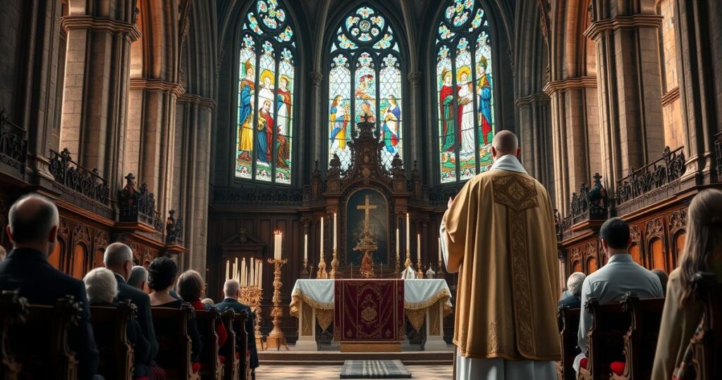 Obraz tradycyjnego katolickiego kapłana celebrującego Mszę świętą w starym kościele, ukazujący autentyczną, pełną czci i powagi liturgię, sprzeciwiający się nowoczesnym, ekumenicznym i subiektywnym praktykom religijnym