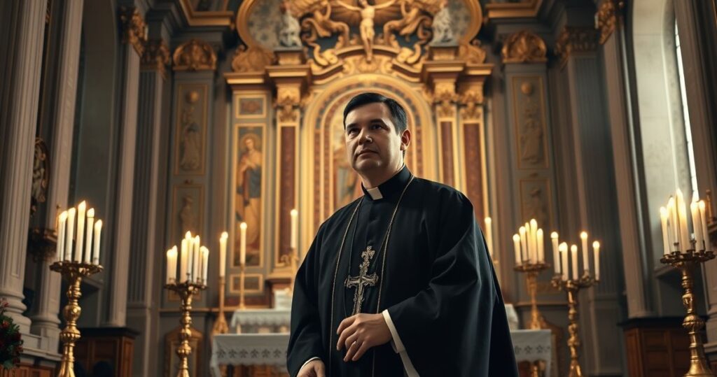 Realistyczne zdjęcie katolickiego kapłana podczas Mszy świętej w tradycyjnym kościele, ukazujące powagę i sacrum liturgii, z ołtarzem, świecami i sakramentalnym nimbem, odzwierciedlające autentyczną liturgię katolicką