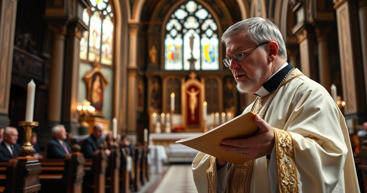Kapłan odprawiający tradycyjną Mszę łacińską w pięknej, tradycyjnej świątyni, ukazujący powagę i duchową głębię katolickiej liturgii przed kryzysem modernizmu