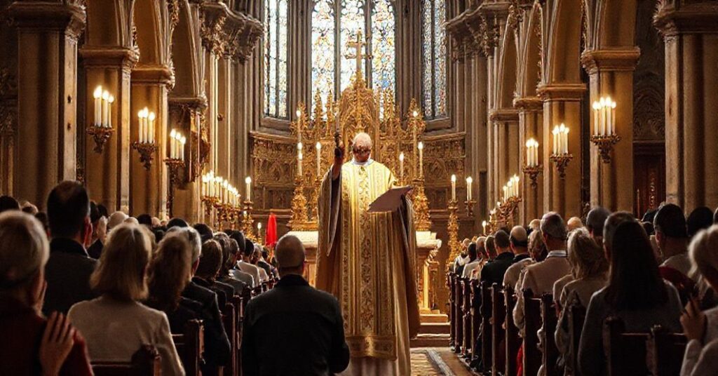Tradycyjny książ celebrujący Mszę łacińską w uroczystej, starszej kościołej, otoczony przez wiernych w modlitwie. Scena podkreślaća wspaniałość i powagę katolickiej liturgii przedwaterska.