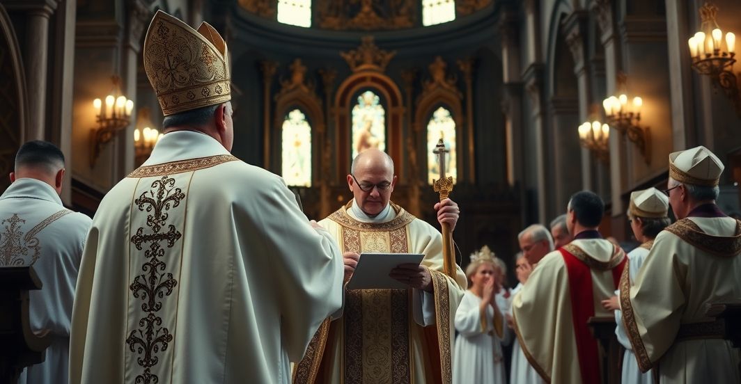 Tradycyjny katolicki ksiądz celebrujący Mszę Świętą w starej, pięknej świątyni, oddający hołd starożytnej liturgii w pełnej powadze i czci
