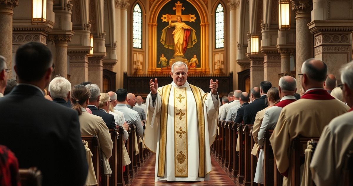 Kapłan odprawiający tradycyjną Mszę łacińską w kościele Kapłan odprawiający tradycyjną Mszę łacińską w kościele, ukazując głęboką pobożność i wierność tradycji katolickiej.