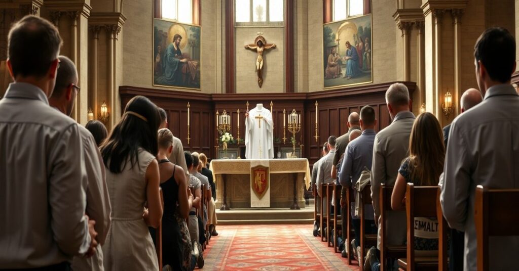 Tradycyjna katolicka msza na kampusie Uniwersytetu Notre Dame z grupą studentów modlących się przed ołtarzem z krzyżem.