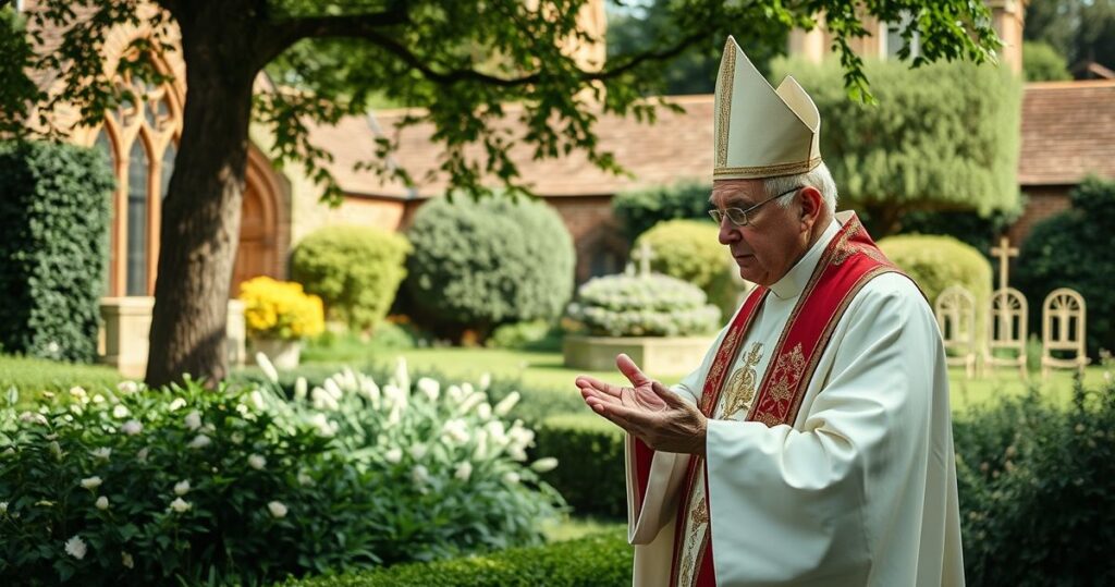 Kardynał w tradycyjnych szatach katolickich odprawia Mszę na tle ogrodu, ukazując autentyczną i pełną szacunku ceremonię, symbolizując odrzucenie nowoczesnych herezji ekologicznych w Kościele